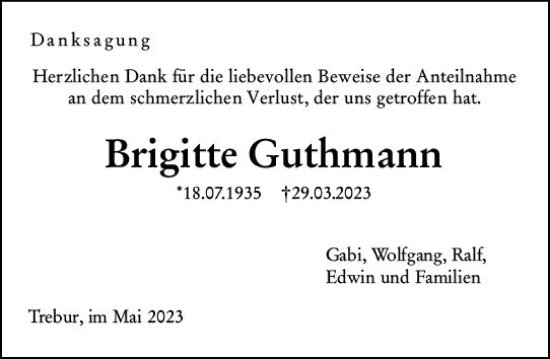 Traueranzeige von Brigitte Guthmann von Rüsselsheimer Echo
