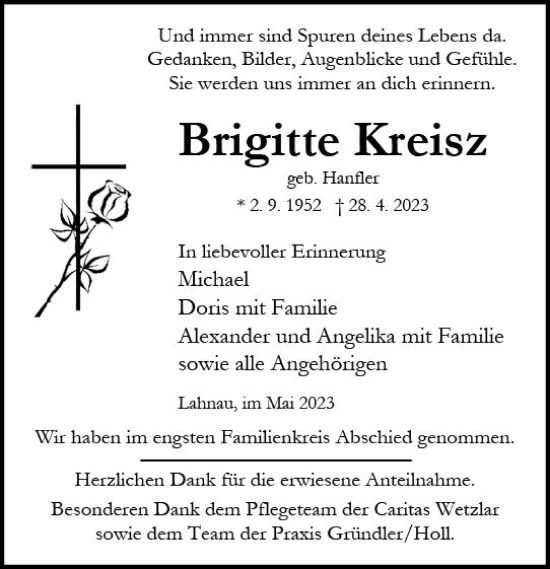 Traueranzeige von Brigitte Kreisz von Wetzlarer Neue Zeitung