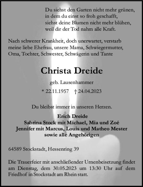 Traueranzeige von Christa Dreide von Rüsselsheimer Echo