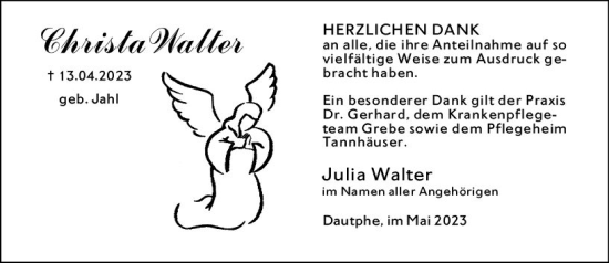 Traueranzeige von Christa Walter von Hinterländer Anzeiger