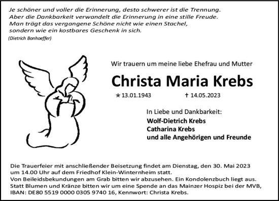 Traueranzeige von Christa Maria Krebs von Allgemeine Zeitung Mainz