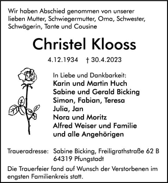 Traueranzeige von Christel Klooss von Darmstädter Echo