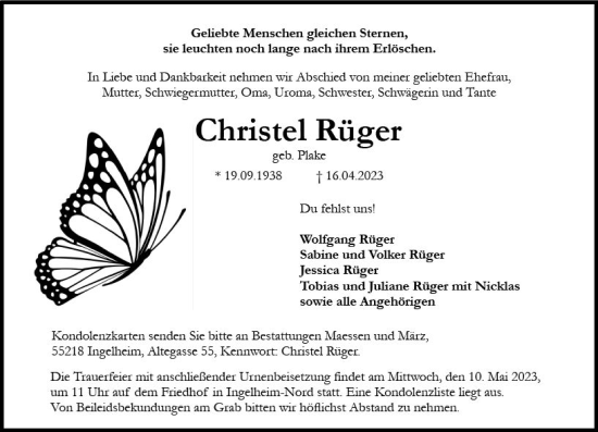 Traueranzeige von Christel Rüger von Allgemeine Zeitung Bingen/Ingelheim