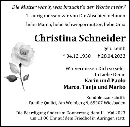 Traueranzeige von Christina Schneider von Wiesbadener Kurier