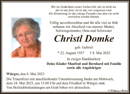 Traueranzeige von Christl Domke von Camberger Anzeiger