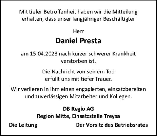 Traueranzeige von Daniel Presta von Oberhessen Kurier