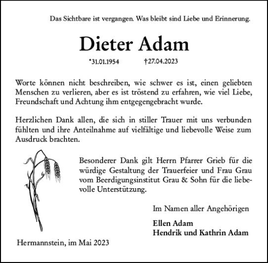 Traueranzeige von Dieter Adam von Wetzlarer Neue Zeitung