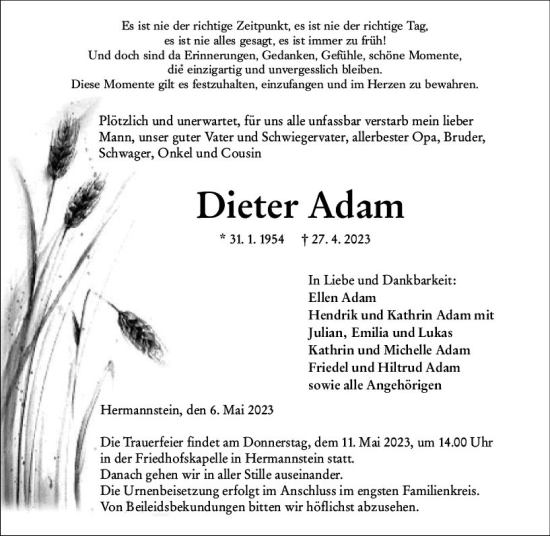 Traueranzeige von Dieter Adam von Wetzlarer Neue Zeitung