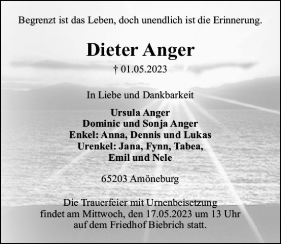 Traueranzeige von Dieter Anger von Wiesbadener Kurier