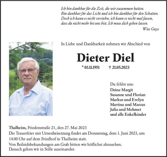 Traueranzeige von Dieter Diel von Nassauische Neue Presse