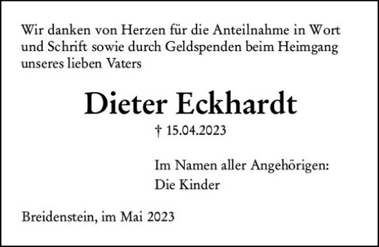 Traueranzeige von Dieter Eckhardt von Hinterländer Anzeiger
