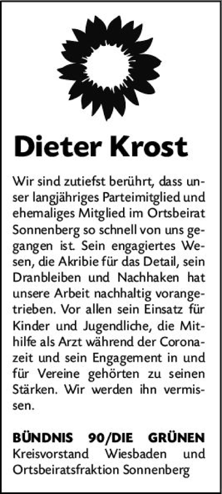 Traueranzeige von Dieter Krost von Wiesbadener Kurier