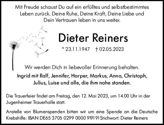 Traueranzeige von Dieter Reiners von Darmstädter Echo