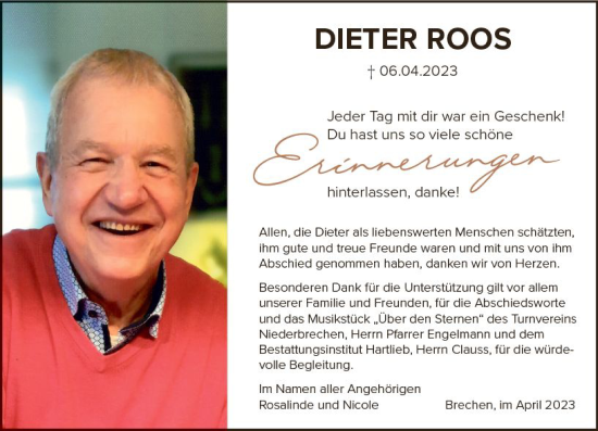 Traueranzeige von Dieter Roos von Camberger Anzeiger