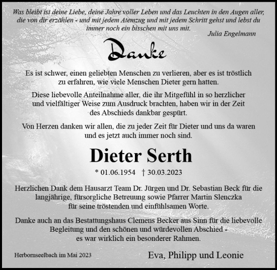 Traueranzeige von Dieter Serth von Hinterländer Anzeiger
