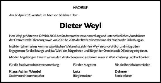 Traueranzeige von Dieter Weyl von Dill Block