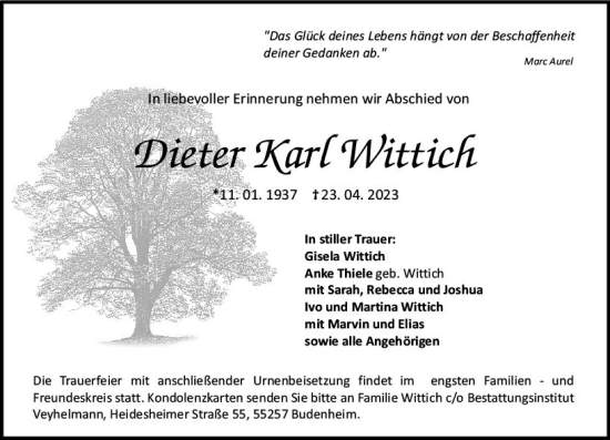 Traueranzeige von Dieter Karl Wittich von Allgemeine Zeitung Mainz