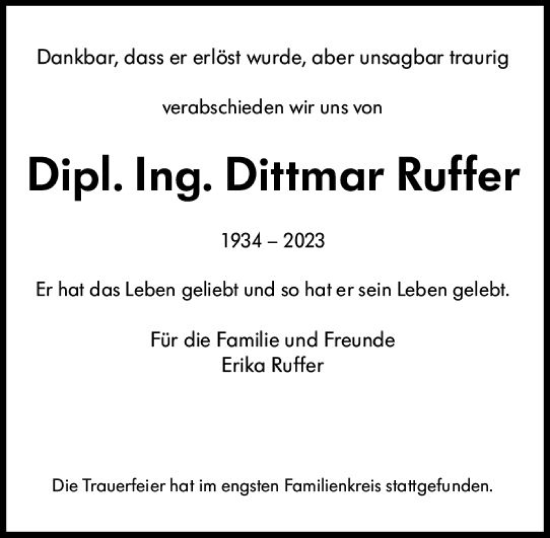 Traueranzeige von Dittmar Ruffer von Wiesbadener Kurier