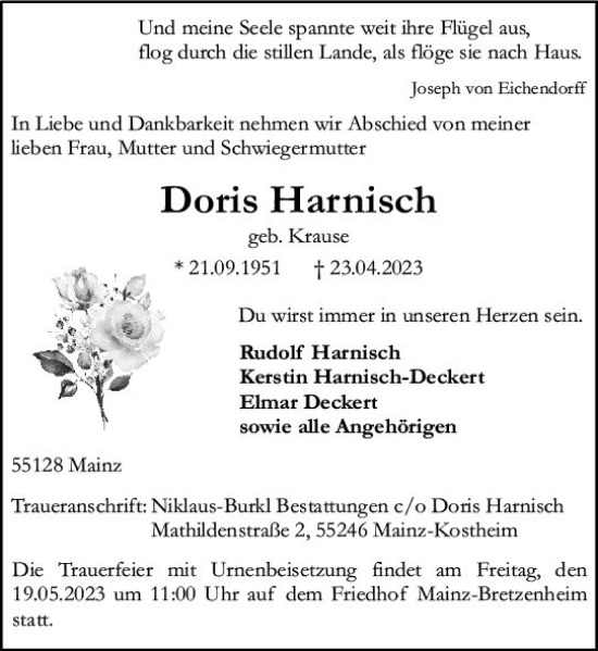 Traueranzeige von Doris Harnisch von Allgemeine Zeitung Mainz