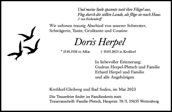 Traueranzeige von Doris Herpel von Wetzlarer Neue Zeitung