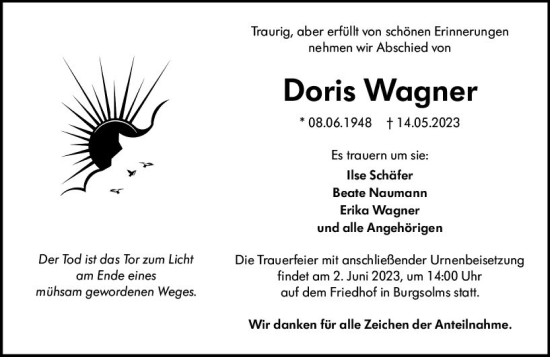 Traueranzeige von Doris Wagner von Wetzlarer Neue Zeitung
