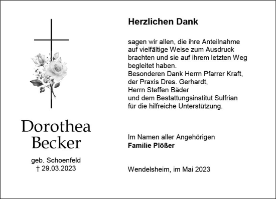 Traueranzeige von Dorothea Becker von Allgemeine Zeitung Alzey