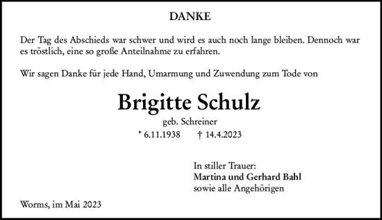 Traueranzeige von Brigitte Schulz von Wormser Zeitung