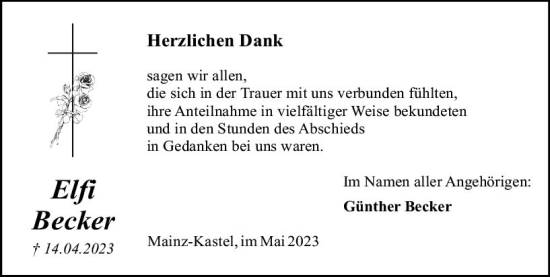 Traueranzeige von Elfi Becker von Allgemeine Zeitung Mainz