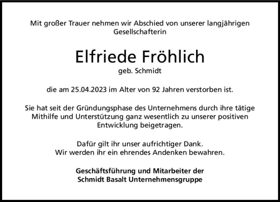 Traueranzeige von Elfriede Fröhlich von Nassauische Neue Presse