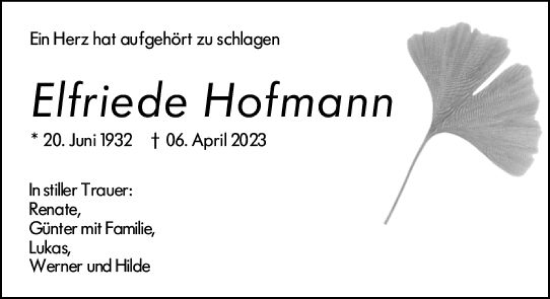 Traueranzeige von Elfriede Hofmann von Darmstädter Echo