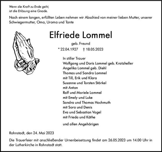 Traueranzeige von Elfriede Lommel von Weilburger Tageblatt