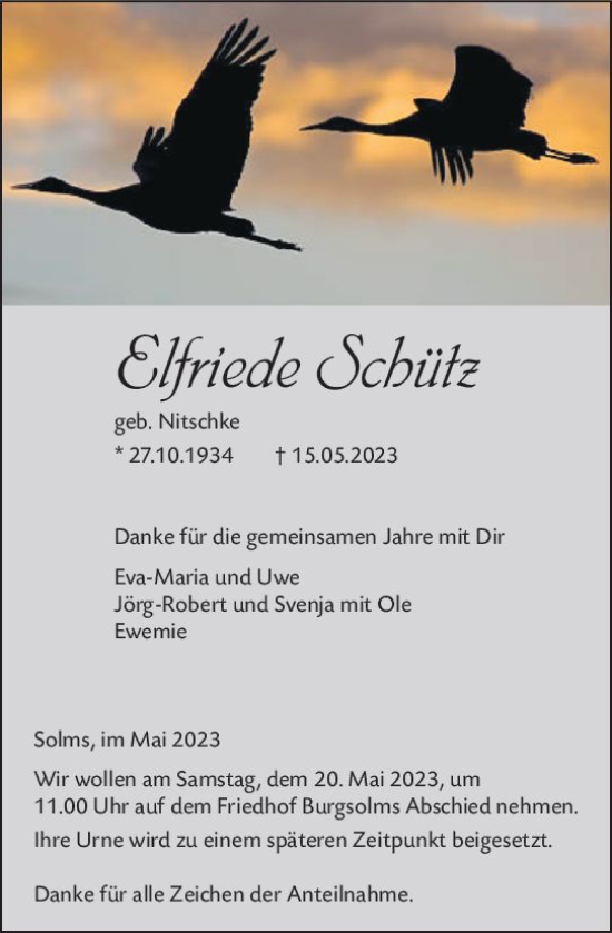 Traueranzeige von Elfriede Schütz von Wetzlarer Neue Zeitung