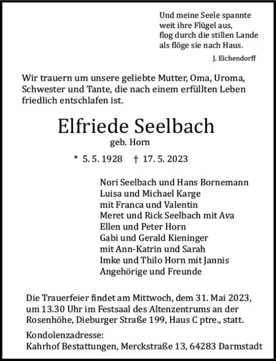 Traueranzeige von Elfriede Seelbach von Darmstädter Echo