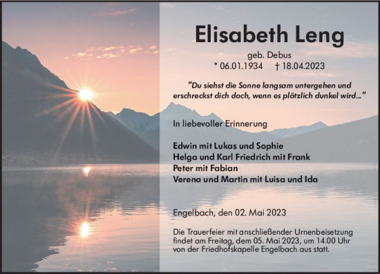 Traueranzeige von Elisabeth Leng von Hinterländer Anzeiger