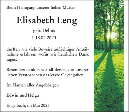 Traueranzeige von Elisabeth Leng von Hinterländer Anzeiger