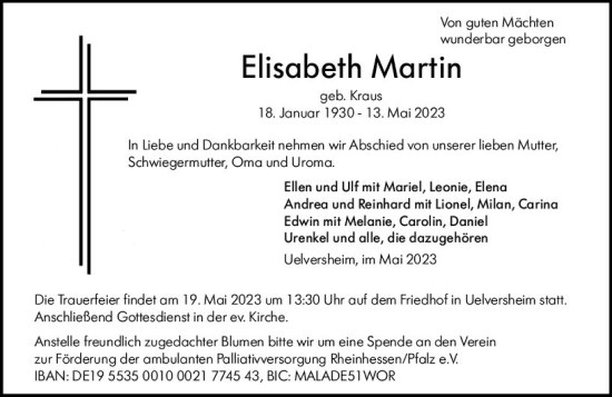 Traueranzeige von Elisabeth Martin von Allgemeine Zeitung Mainz