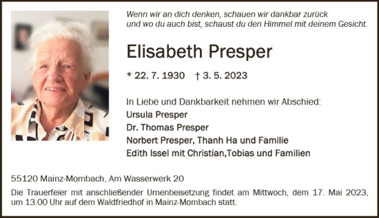Traueranzeige von Elisabeth Presper von Allgemeine Zeitung Mainz