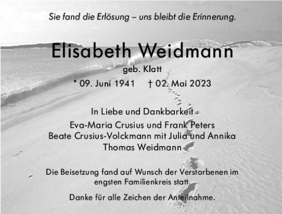Traueranzeige von Elisabeth Weidmann von Allgemeine Zeitung Mainz