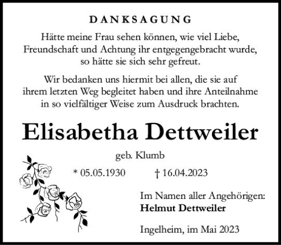 Traueranzeige von Elisabetha Dettweiler von Allgemeine Zeitung Bingen/Ingelheim