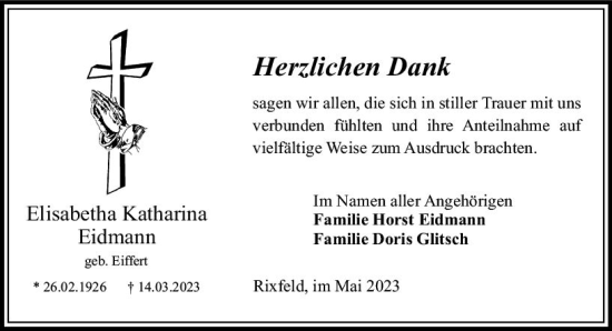 Traueranzeige von Elisabetha Katharina Eidmann von Oberhessen Kurier