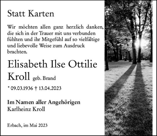 Traueranzeige von Elisabeth Ilse Ottilie Kroll von Odenwälder Echo