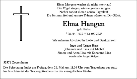 Traueranzeige von Elma Hangen von Allgemeine Zeitung Bingen/Ingelheim