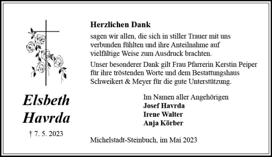 Traueranzeige von Elsbeth Havrda von Odenwälder Echo