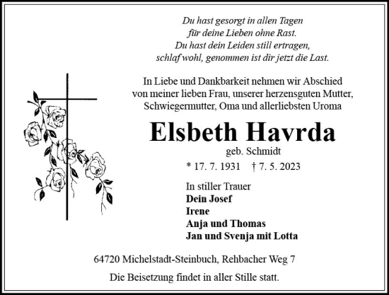 Traueranzeige von Elsbeth Havrda von Odenwälder Echo