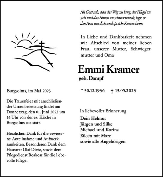 Traueranzeige von Emmi Kramer von Wetzlarer Neue Zeitung