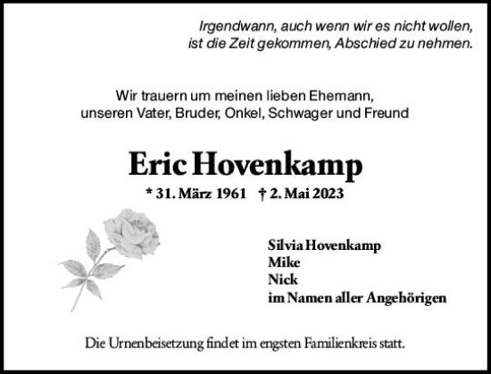 Traueranzeige von Eric Hovenkamp von Hochheimer Zeitung