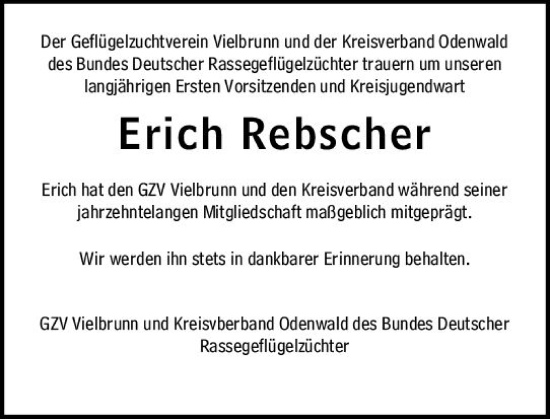 Traueranzeige von Erich Rebscher von Odenwälder Echo
