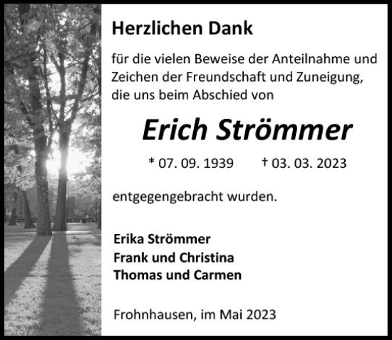 Traueranzeige von Erich Strömmer von Dill Block