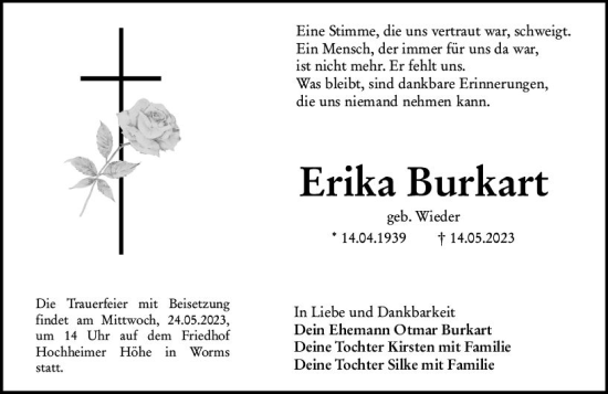 Traueranzeige von Erika Burkart von Wormser Zeitung