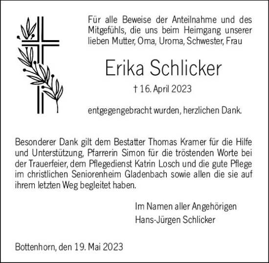 Traueranzeige von Erika Schlicker von Hinterländer Anzeiger